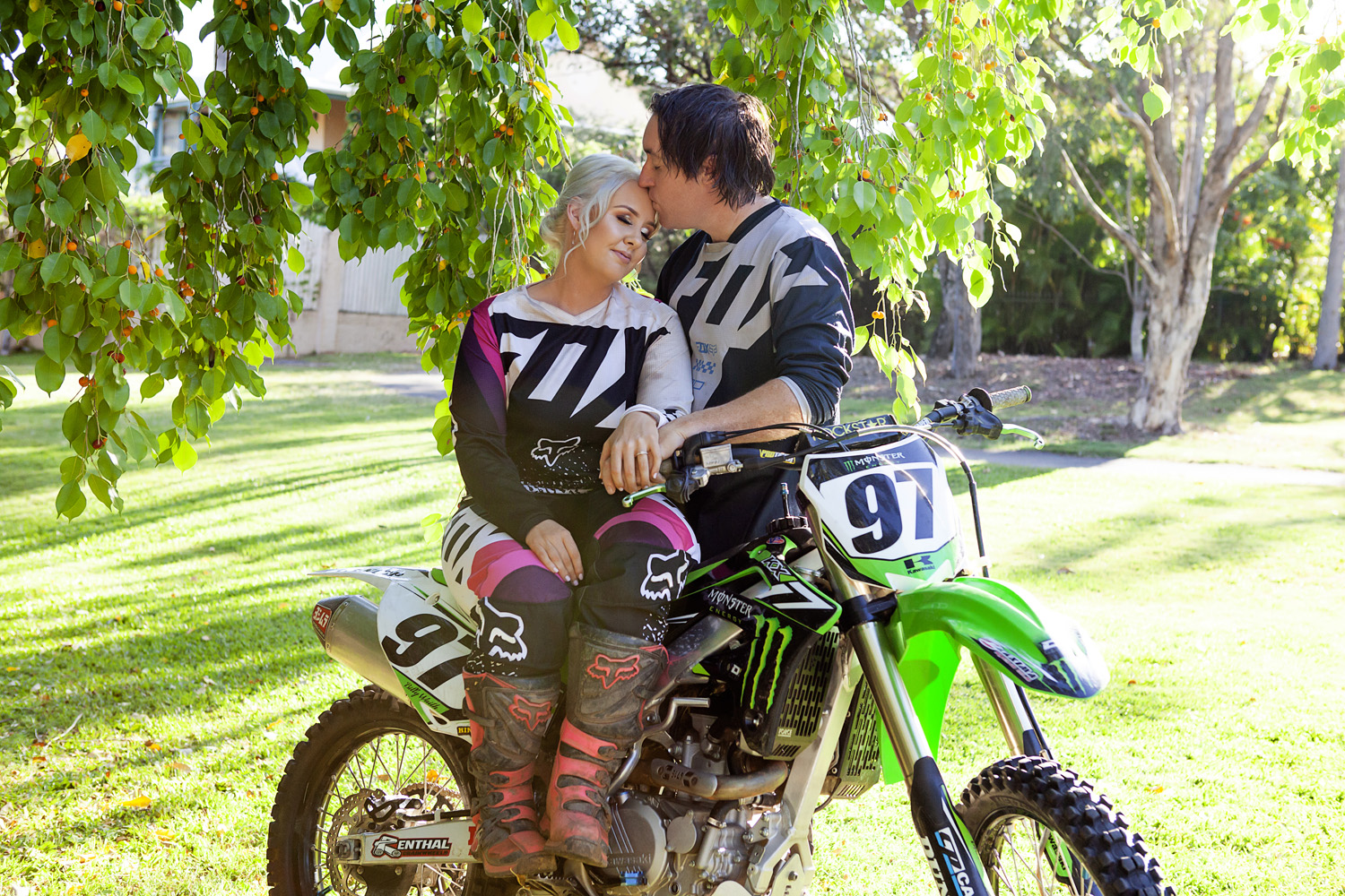 Couple sitting on a dirt bike, couple snuggling with heads together, couple engaged, gold coast best portrait photographer, gold coast best couple photography, gold coast couple portraits, gold coast photographer, gold coast engagement, gold coast engagement photoshoot, gold coast engagement shoot, gold coast engagement photography, engagement shoot with personality, lana noir, @lananoir, gold coast natural light photography, gold coast outdoor photography, robina photographer, broadbeach photographer, gold coast professional photographer, gold coast couple, couple photography